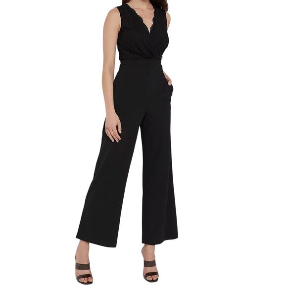 Express Black Lace Faux Wrap Bodice Wide Leg Jumpsuit Size S NWT - Picture 1 of 11